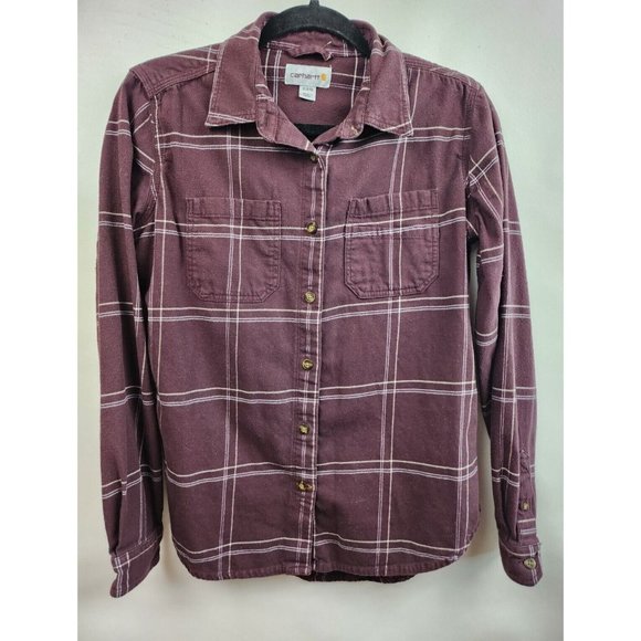 Carhartt Tops - Carhartt Burgundy Check Long Sleeve Button Up Flannel Shirt Size Small